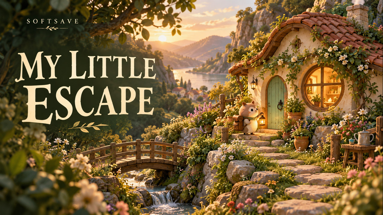 SOFTSAVE thumbnail: a sunlit cottage and small backpack creature beside the words My Little Escape.